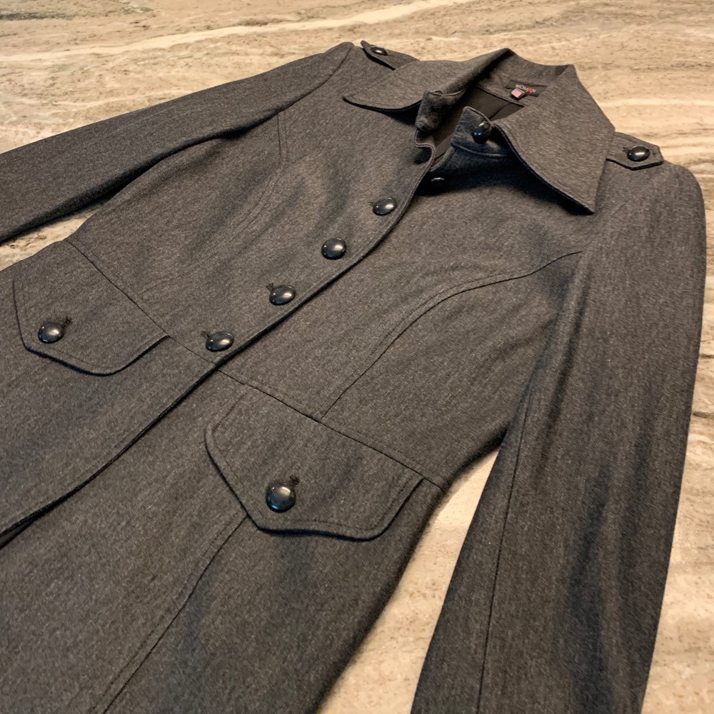Military style tailored charcoal grey jacket by WOMAN. Size M